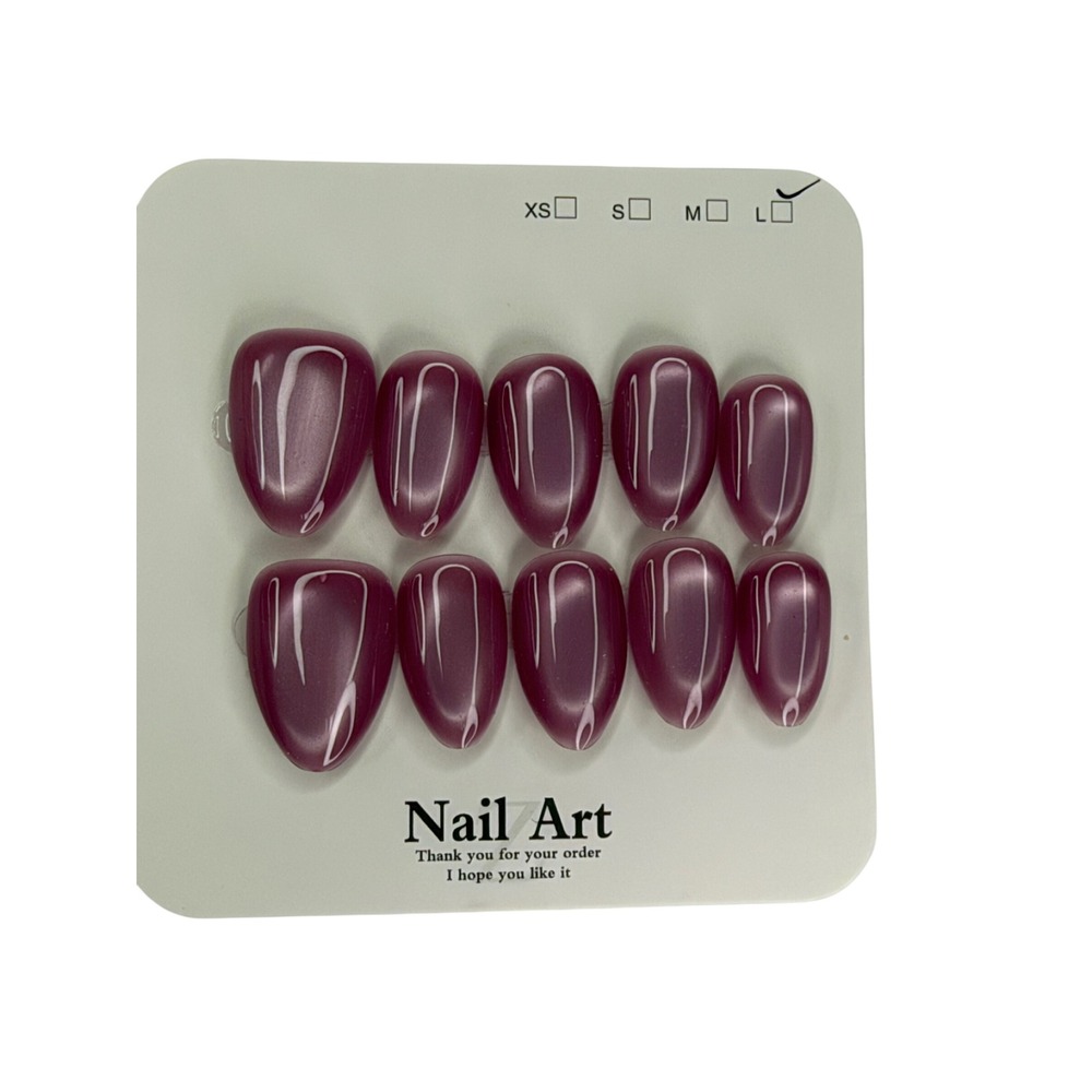 Cat Eye Press On Nails Glossy Plum Purple Magnetic Shimmer Almond Size L 10 Pcs